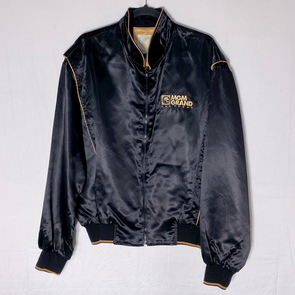Vintage 80s MGM Grand Las Vegas Black & Gold Satin Jacket W Embroidered Lion XL